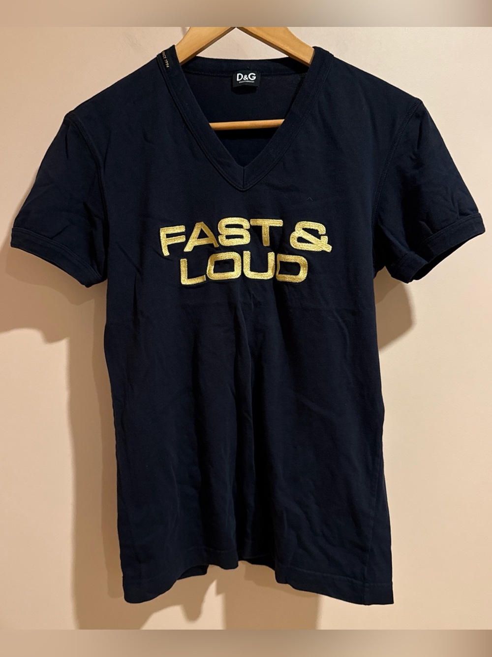 D&G Navy V-Neck Tee with Gold FAST & LOUD Embroidery